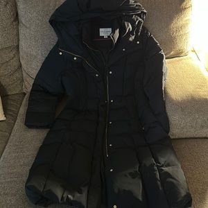 Cole Haan, Size L, Navy Blue 3/4 length long, Down Coat with hoody New, No Tag